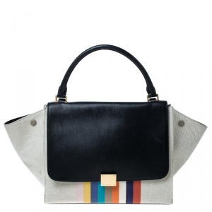 Pre Owned Celine Beige/Black Canvas and Leather Medium Trapeze Bag