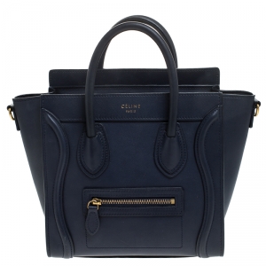 Pre Owned Celine Navy Blue Leather Nano Luggage Tote