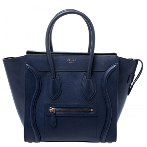 Pre Owned Celine Navy Blue Leather Micro Luggage Tote