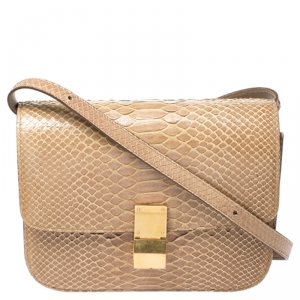 Celine Beige Python Medium Classic Box Shoulder Bag