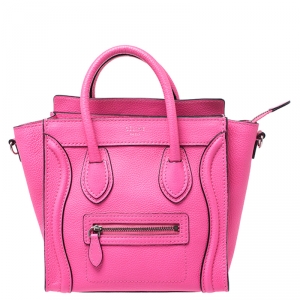 Pre Owned Celine Neon Pink Leather Nano Luggage Tote