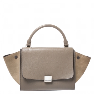 Pre Owned Celine Beige Leather and Suede Small Trapeze Bag
