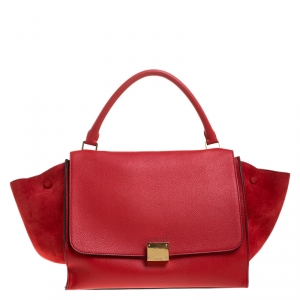 Pre Owned Celine Red Leather and Suede Medium Trapeze Bag