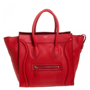 Pre Owned Celine Red Leather Mini Luggage Tote