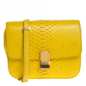 Pre Owned Celine Yellow Python Medium Classic Box Shoulder Bag