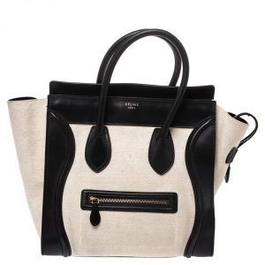 Pre Owned Celine Beige/Black Canvas and Leather Mini Luggage Tote