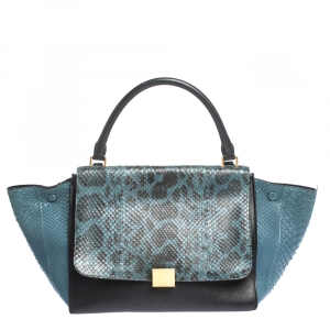 Pre Owned Celine Blue/Black Python and  Leather Medium Trapeze Bag