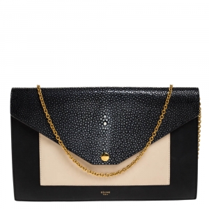 Pre Owned Celine Black/Cream Leather and Stingray Pocket Chain Clutch