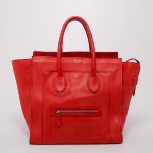 Pre Owned Celine Vermillion Red Buffalo Leather Mini Luggage Tote
