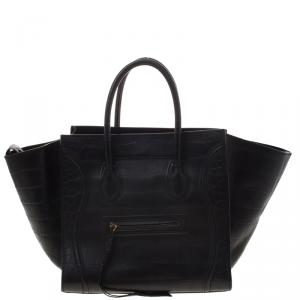 Pre Owned Celine Black Croc Embossed Leather Medium Phantom Luggage Tote