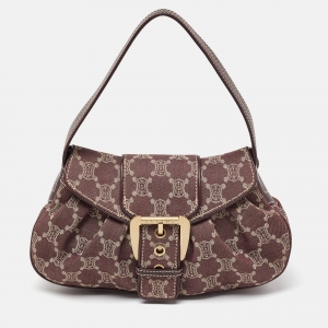 Pre Owned Celine Burgundy Macadam Canvas and Leather Shoulder Bag