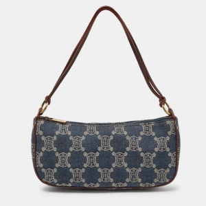 Pre Owned Celine Blue/Tan Macadam Canvas and Leather Vintage Baguette Bag