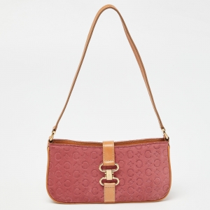 Pre Owned Celine Pink/Tan Macadam Suede and Leather Baguette Bag