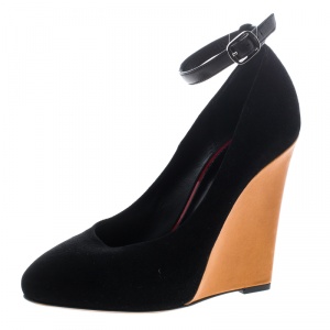 Pre Owned Cèline Black Suede Color Block Wedge Ankle Strap Pumps Size 38