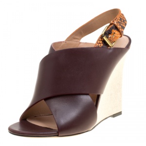 Pre Owned Celine Burgundy/Multicolor Leather and Python Slingback Wedge Sandals Size 37