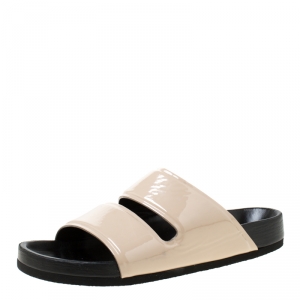 Pre Owned Celine Nude Beige Patent Leather Slide Sandals Size 37