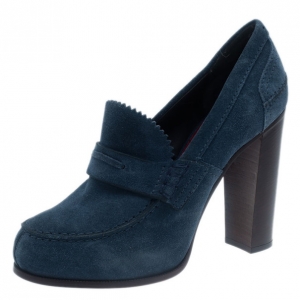 Pre Owned Celine Blue Suede Loafer Platform Pumps Size 38