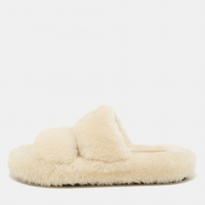Celine White Fur Flat Slides  Size 39
