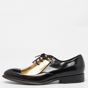 Celine Black Patent Leather Gold Metal Plate Lace Up Oxfords Size 39