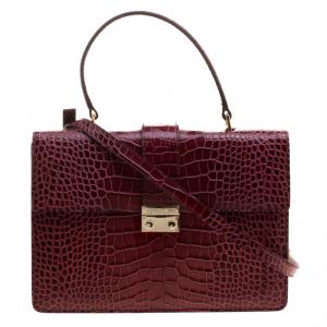 Cerruti 1881 Burgundy Croc Embossed Leather Cerrutis Top Handle Bag