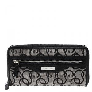 Cerruti 1881 Black Canvas and Croc Embossed Leather Trim Anna Zip Around Wallet