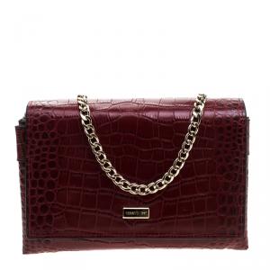 Cerruti 1881 Red Crocodile Embossed Leather Chain Shoulder Bag