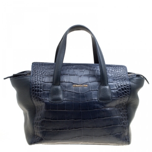 Cerruti 1881 Navy Blue Croc Embossed Leather Shopper Tote
