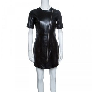 Cesare Paciotti Black Dagger Zip Detail Short Sleeve Leather Dress S