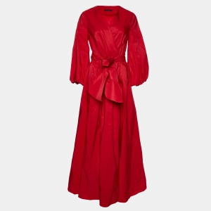 Pre Owned CH Carolina Herrera Red Synthetic Wrap-Around Belted Maxi Dress S