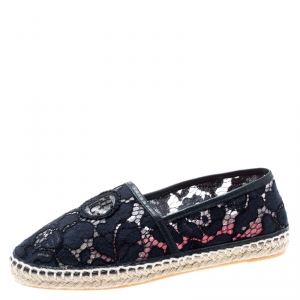 Pre Owned Carolina Herrera Blue Corded Lace And Leather Trim Espadrilles Size 36