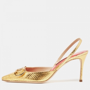 Pre Owned CH Carolina Herrera Metallic Gold Python Embellished Slingback Pumps Size 39