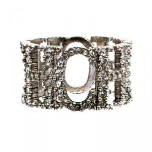 Pre Owned CH Carolina Herrera Crystal Studded Logo Silver Tone Ring Size 54