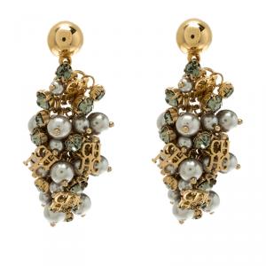 Pre Owned Carolina Herrera Faux Pearl & Crystal Cluster Gold Tone Dangle Earrings