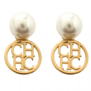 Pre Owned Carolina Herrera CH Faux Pearl Gold Tone Stud Earrings