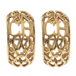 Pre Owned Carolina Herrera CH Open Cut Work Gold Tone Hoop Earrings