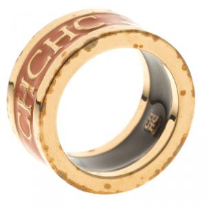 Pre Owned CH Carolina Herrera Logo Orange Enamel Gold Tone Band Ring Size 54.5