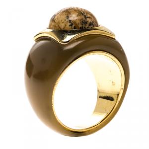 Pre Owned CH Carolina Herrera Brown Cabochon Gold Tone Ring Size 54.5