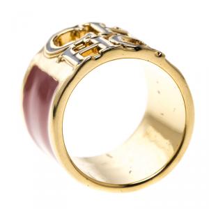 Pre Owned CH Carolina Herrera Logo Red & Black Enamel Gold Tone Wide Band Ring Size 54