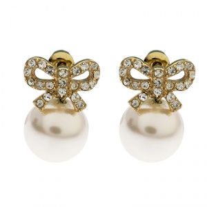 Pre Owned CH Carolina Herrera Bow Crystal Faux Pearl Gold Tone Earrings