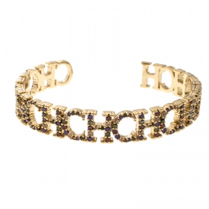 CH Carolina Herrera Logo Multicolored Crystals Gold Plated Open Cuff Bracelet