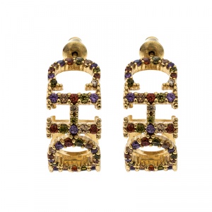 Pre Owned CH Carolina Herrera Logo Multicolor Crystal Vermeil Silver Hoop Earrings