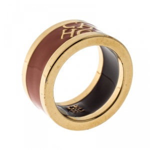 Pre Owned CH Carolina Herrera Logo Orange Enamel Gold Tone Band Ring Size 54