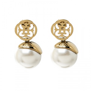 Pre Owned CH Carolina Herrera Faux Pearl Gold Tone Drop Earrings