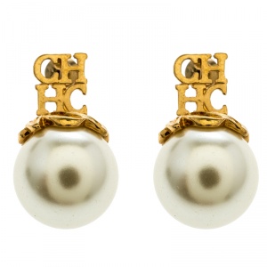 Pre Owned CH Carolina Herrera Logo Faux Pearl Gold Tone Earrings