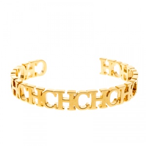 Pre Owned CH Carolina Herrera Logo Gold Tone Open Cuff Bracelet