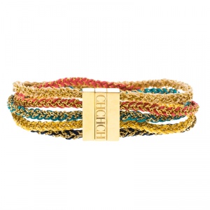 Pre Owned CH Carolina Herrera Logo Multicolored Woven Gold Tone Wide Bracelet 17cm