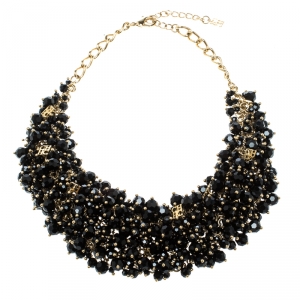 Pre Owned CH Carolina Herrera Black Beads Gold Tone Statement Necklace