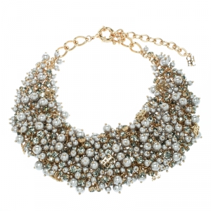 Pre Owned CH Carolina Herrera Grey Faux Pearl & Crystal Gold Tone Statement Necklace
