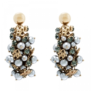 Pre Owned CH Carolina Herrera Grey Faux Pearl & Crystal Gold Tone Statement Dangle Earrings