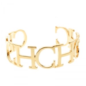 Pre Owned CH Carolina Herrera Logo Gold Tone Open Cuff Bracelet